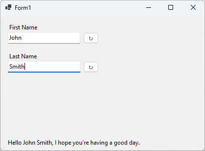 una aplicación de Windows Forms con dos cuadros de texto creados a partir de controles de usuario y una etiqueta.