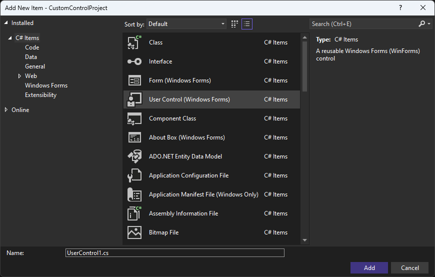 Cuadro de diálogo Agregar elemento en Visual Studio para Windows Forms