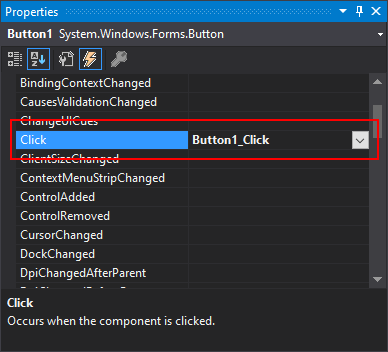 Panel de propiedades de Visual Studio que se muestra con el modo de eventos habilitado y el evento de clic.