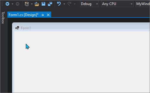 Arrastre para seleccionar y dibujar un control desde el Cuadro de herramientas de Visual Studio para Windows Forms para .NET