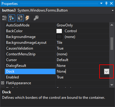 Panel Propiedades de Visual Studio en Windows Forms para .NET con la propiedad Dock mostrada.