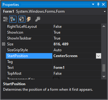 Panel Propiedades de Visual Studio con la posición inicial resaltada