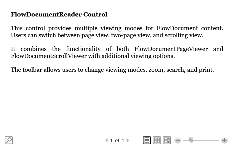 Captura de pantalla del control FlowDocumentReader con un documento de ejemplo abierto.