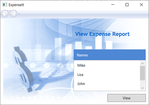 Captura de pantalla de ejemplo de ExpenseIt en la que se muestra el nuevo fondo de la imagen y el título de la página