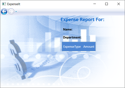 Captura de pantalla de ejemplo de ExpenseIt en la que se muestra la interfaz de usuario que acaba de crear para ExpenseReportPage.