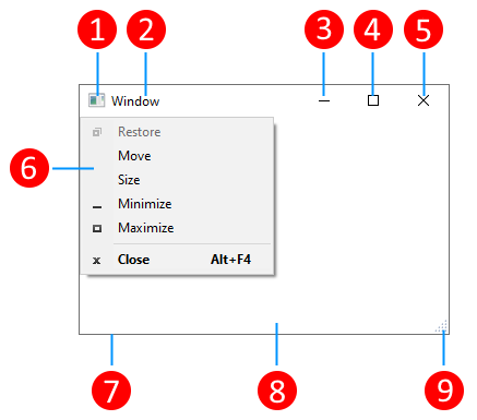 Captura de pantalla en la que se muestran los elementos de una ventana de WPF.