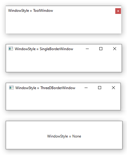 Captura de pantalla en la que se muestra cómo afecta WindowStyle a una ventana en WPF.