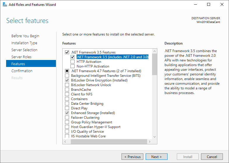 Cuadro de diálogo Asistente para agregar roles y características de Windows Server. Se seleccionan las características de .NET Framework 3.5.