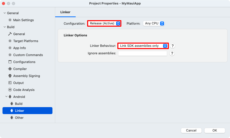 Captura de pantalla del comportamiento del enlazador para Android en Visual Studio para Mac.