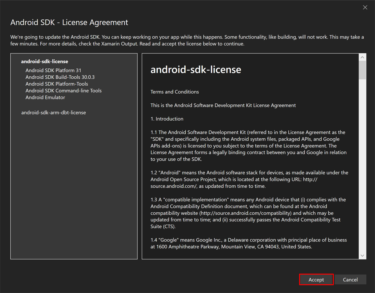 Primera ventana del Contrato de licencia de Android SDK.