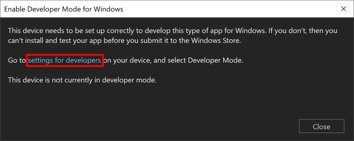 Cuadro de diálogo habilitar el modo de desarrollador de Windows.