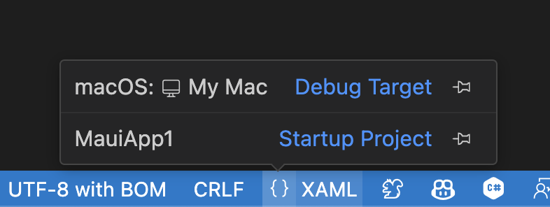 Captura de pantalla de la parte inferior derecha de Visual Studio Code, en la que se muestra el selector de destino de depuración abierto.