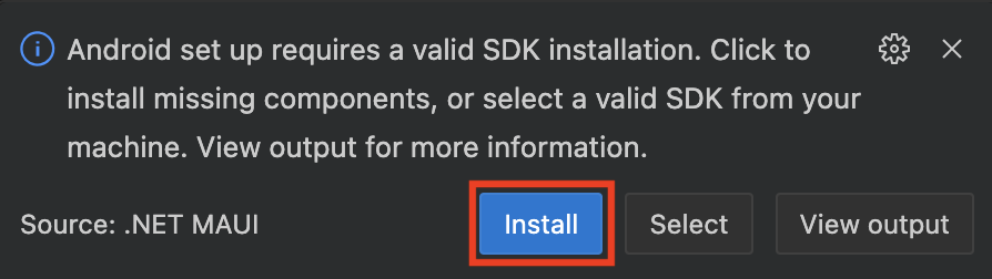 Captura de pantalla del menú emergente de instalación de Android de Visual Studio Code.