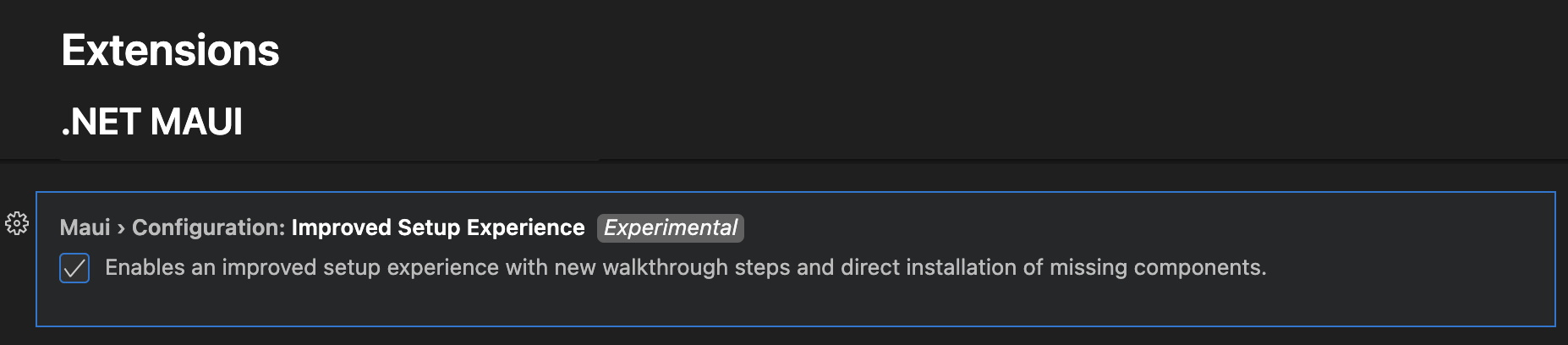 Captura de pantalla de la configuración mejorada experimental de dotnet maui en Visual Studio Code.