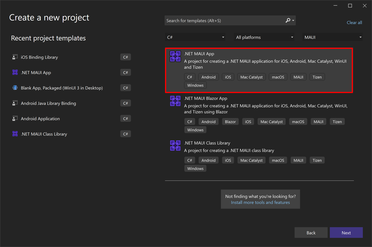 Captura de pantalla de la creación de una aplicación MAUI de .NET en Visual Studio.