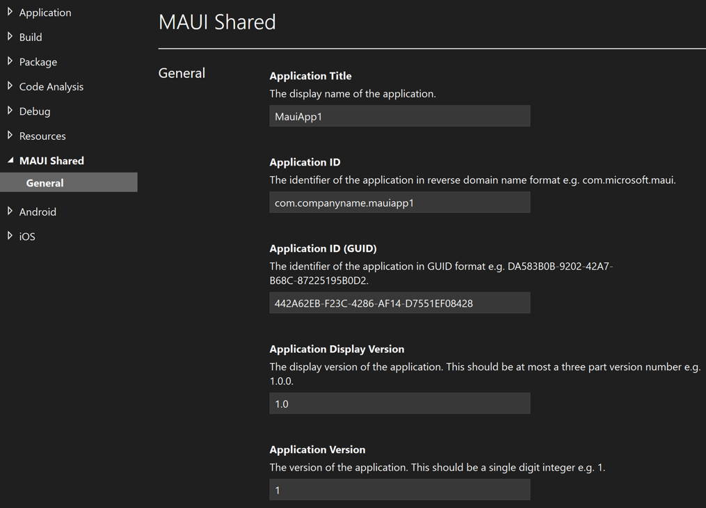 Captura de pantalla del manifiesto de la aplicación MAUI de .NET.