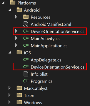 Captura de pantalla de las clases DeviceOrientationService en su carpeta Platforms.