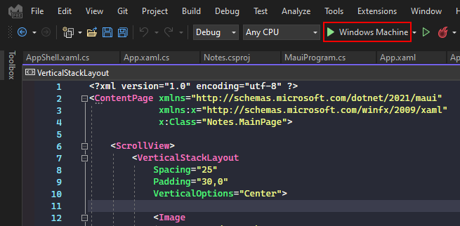 Botón Destino de depuración de Visual Studio con el texto Máquina Windows.