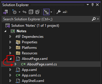 Imagen de la ventana Explorador de soluciones en Visual Studio, con un cuadro rojo que resalta el icono de expansión.