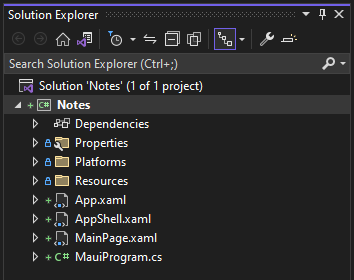 Explorador de soluciones que muestra los archivos de un proyecto .NET MAUI en Visual Studio.