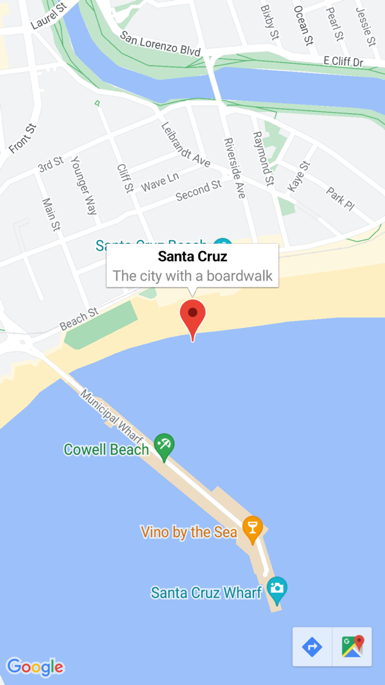 Captura de pantalla de un pin de mapa y su ventana de información.