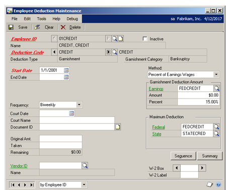 Screenshot of the Employee Deduction Maintenance window, showing default entries and empty input boxes.