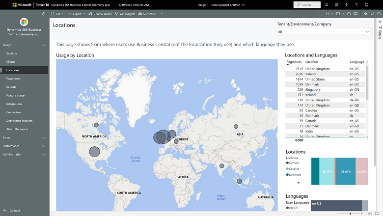 Captura de pantalla de la página de ubicaciones del informe de Uso