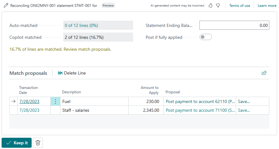 Captura de pantalla que muestra la ventana Propuestas de Copilot para contabilizar diferencias en cuentas de contabilidad.