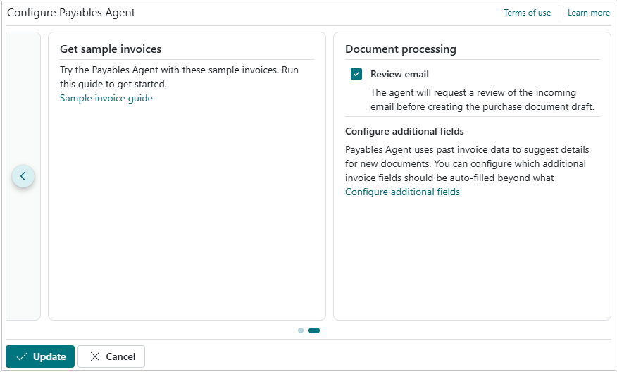 Muestra la segunda página del asistente de configuración del Agente de pagos