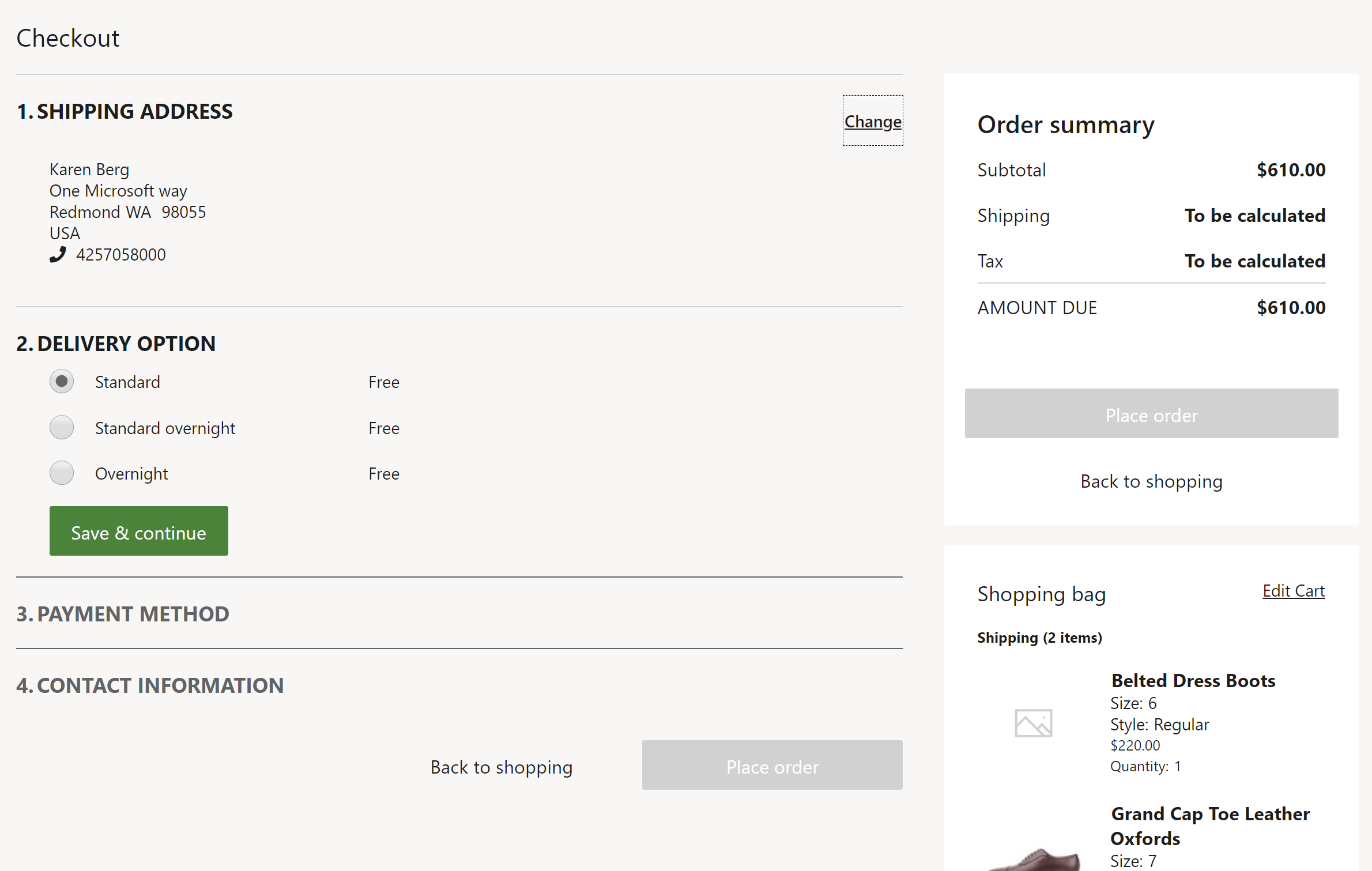 Ejemplo de módulo de opciones de entrega en una página de finalización de compra.