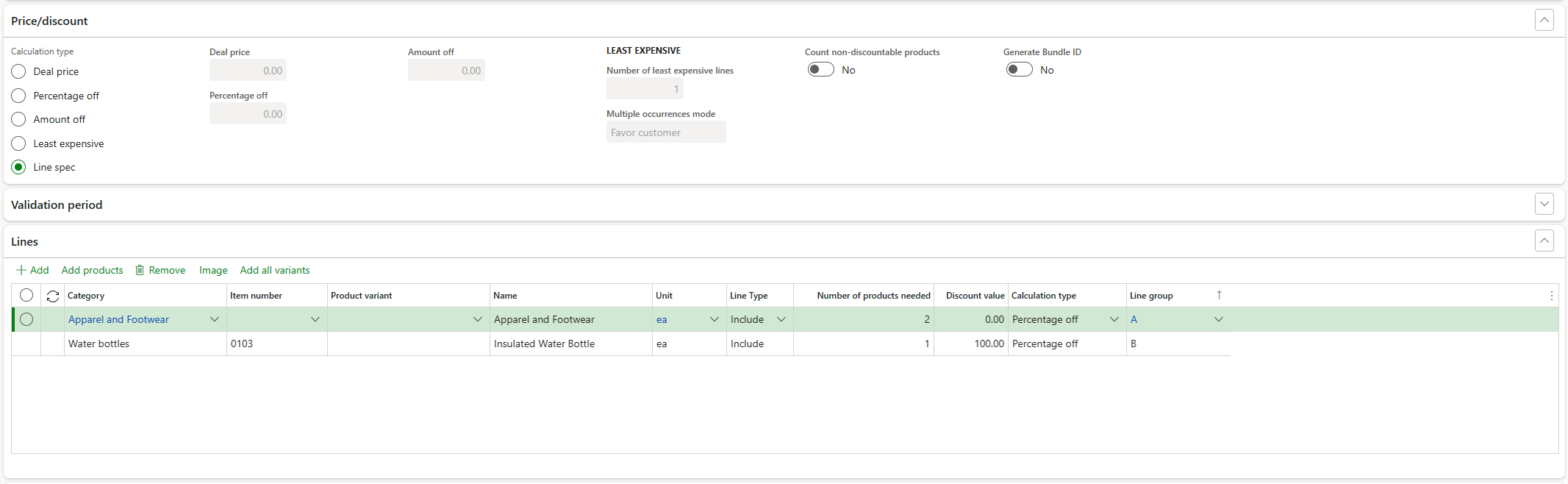 Captura de pantalla de la configuración de descuento combinado para la compra del producto A y la recepción de un descuento en el producto B