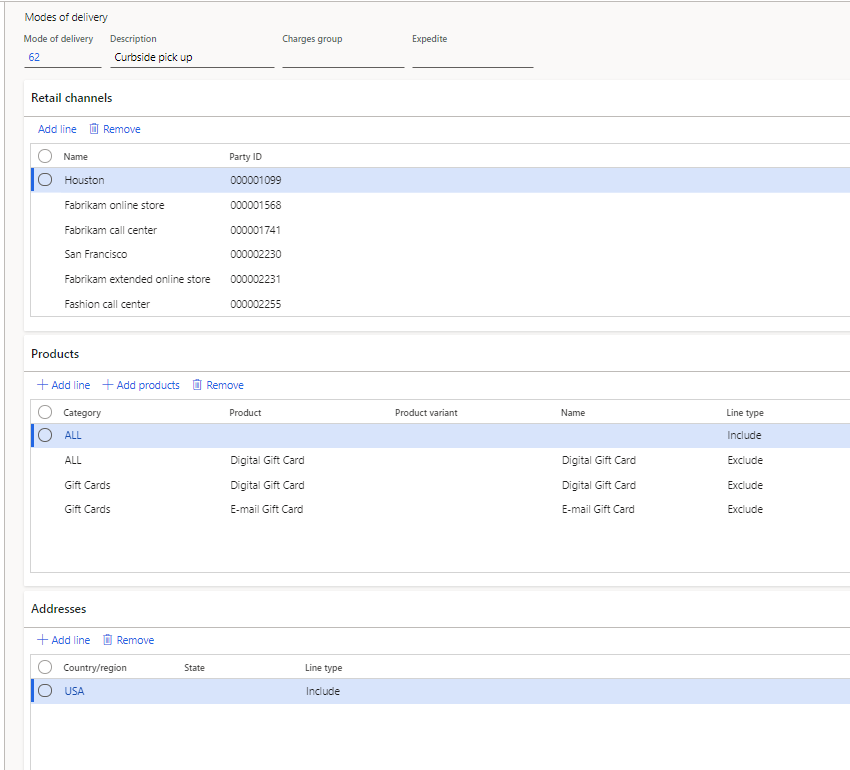 Ejemplo de configuración de modo de entrega para recogida en un punto de entrega.