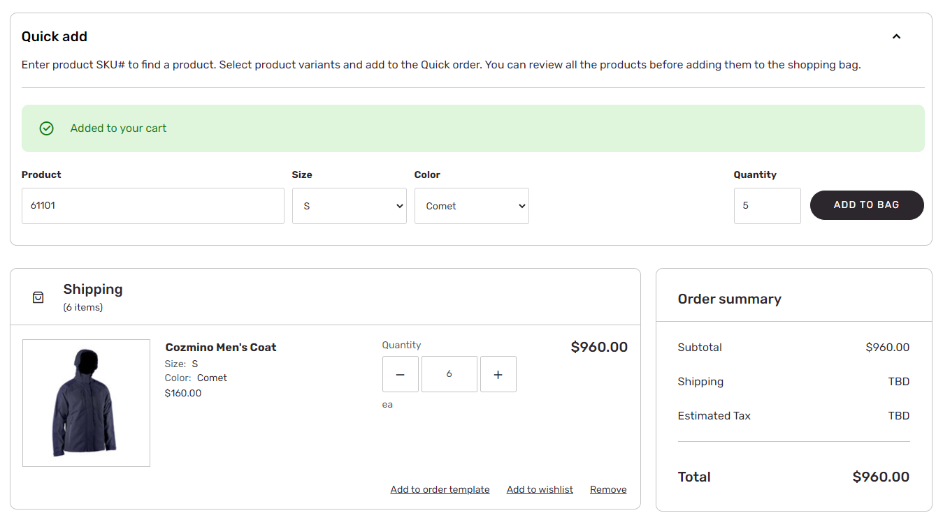 Captura de pantalla de la entrada rápida del pedido por número de producto.