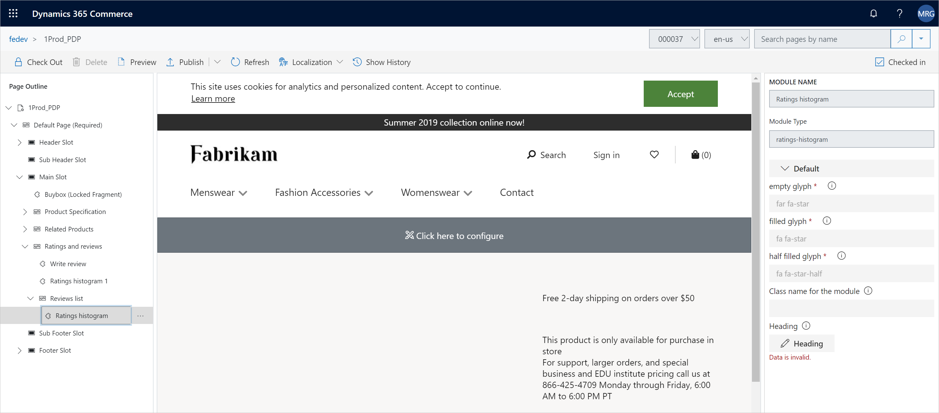 Captura de pantalla de la adición de un módulo histograma de clasificaciones en un módulo de lista de revisiones de productos.