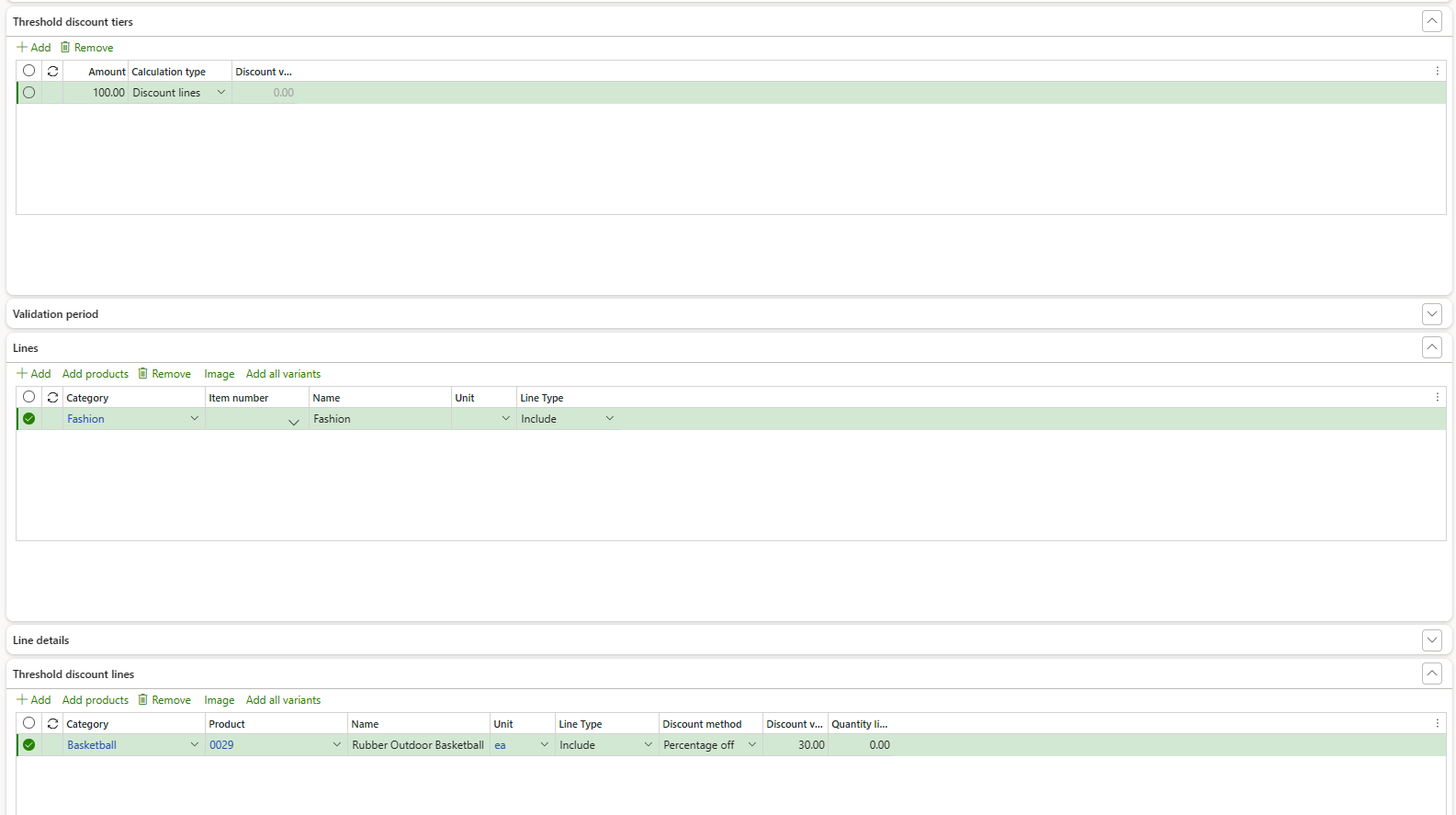 Captura de pantalla de la configuración del descuento de umbral para recibir el descuento cuando el total del carrito alcanza un importe específico.