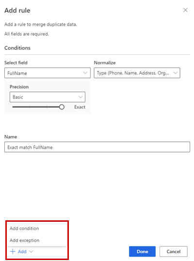 Captura de pantalla del panel Agregar regla para eliminar duplicados.