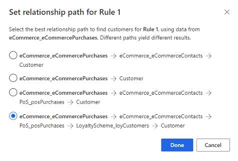 Ruta de relación potencial al crear una regla basada en una tabla asignada a la tabla cliente unificada.