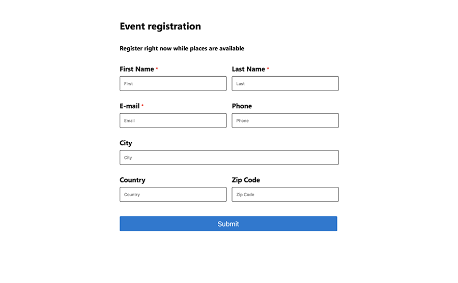Ejemplo de formulario de registro de eventos.