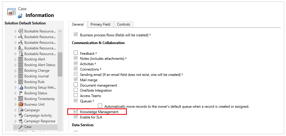 Configuración para habilitar la administración de conocimientos.