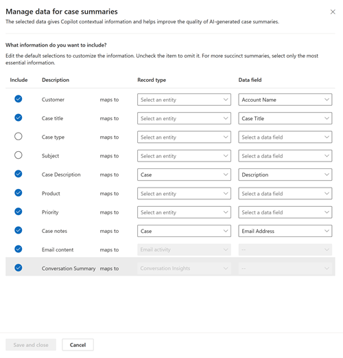 Captura de pantalla de los atributos de datos que utiliza el copiloto