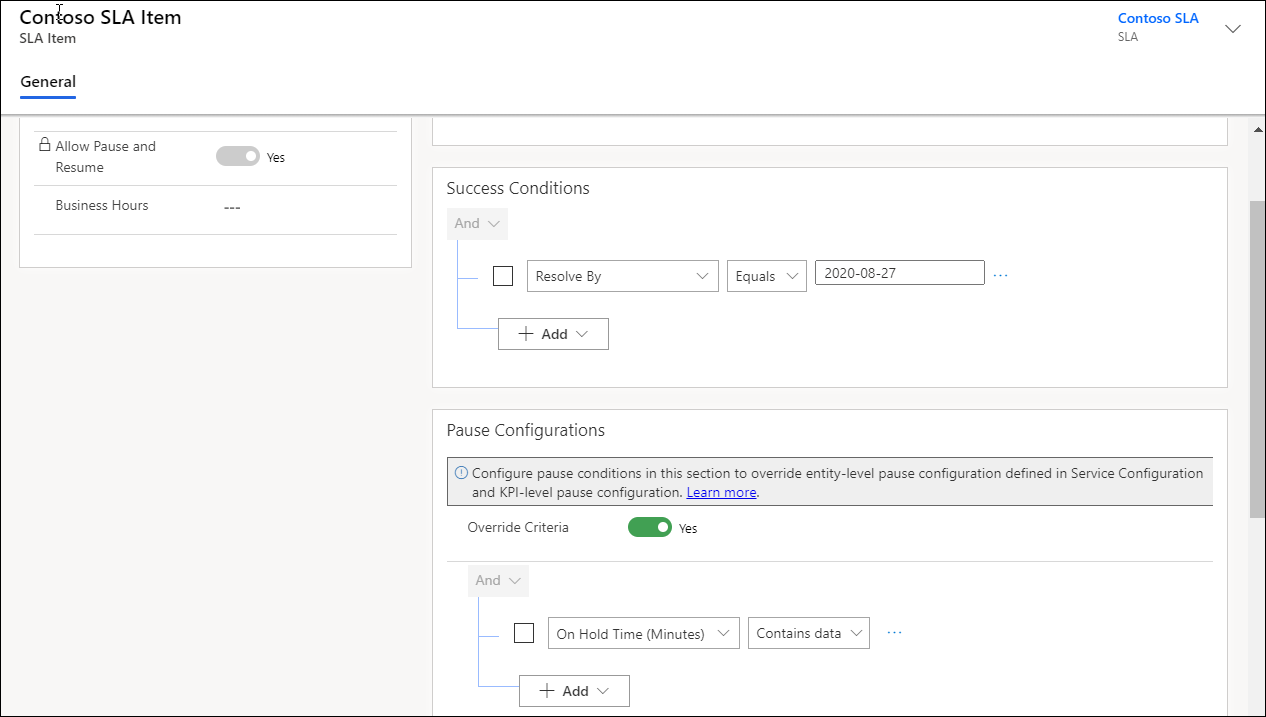 Configuración de pausa en el nivel de elemento de SLA.