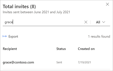 Captura de pantalla que muestra un nombre de pila ingresado en el cuadro de búsqueda y el nombre completo y los detalles de la invitación mostrados en los resultados.