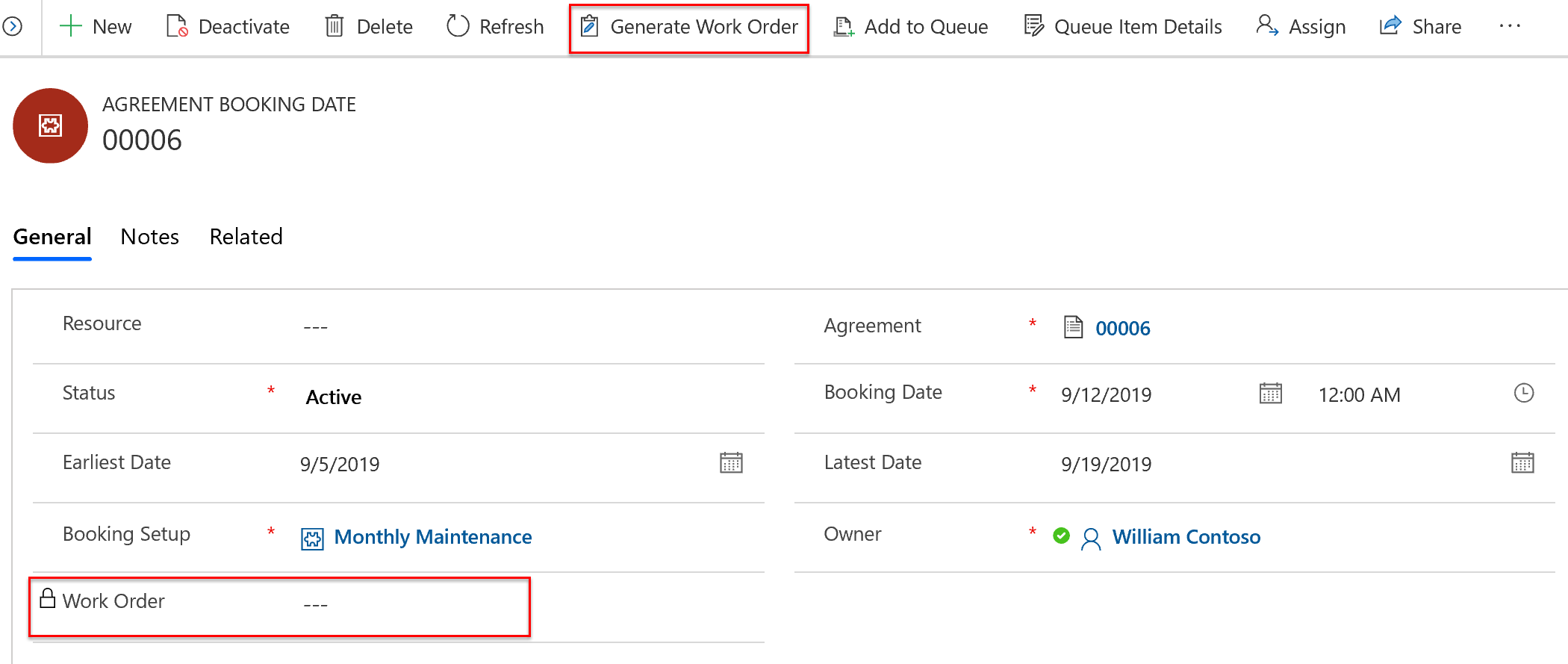 Captura de pantalla de una fecha de reserva del contrato, centrada en la opción Generar orden de trabajo.