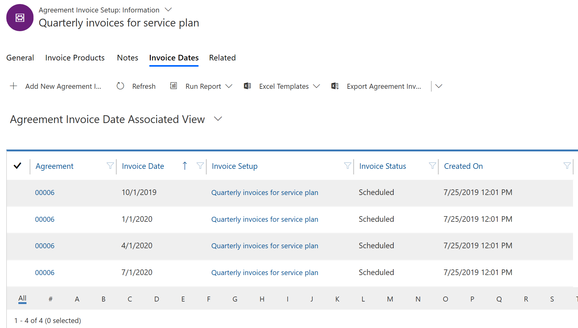 Captura de pantalla de la configuración de facturas de contrato, que muestra una lista de fechas de facturas.