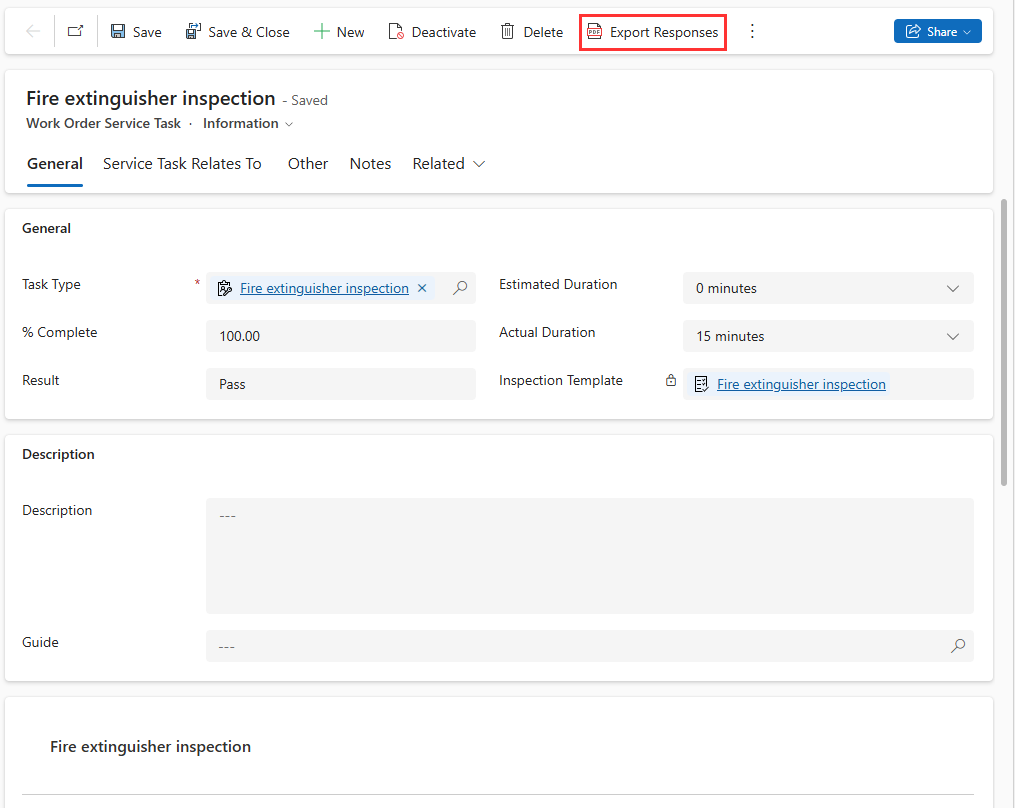 Captura de pantalla que muestra la respuesta de exportación como experiencia PDF en la tarea de servicio.
