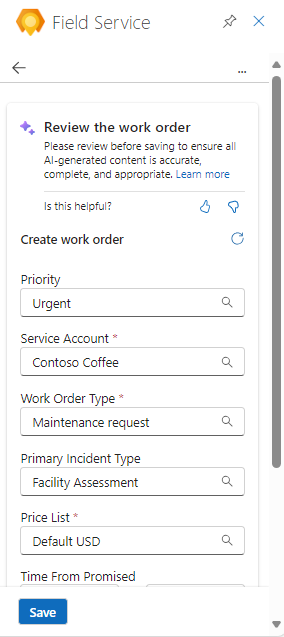 Captura de pantalla del panel Outlook de Field Service que muestra una orden de trabajo generada automáticamente para que el usuario la revise