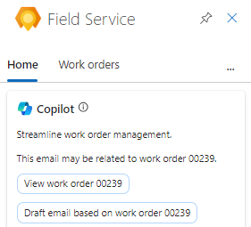 Captura de pantalla del panel Field Service en Outlook, que muestra el botón Borrador de correo electrónico basado en orden de trabajo