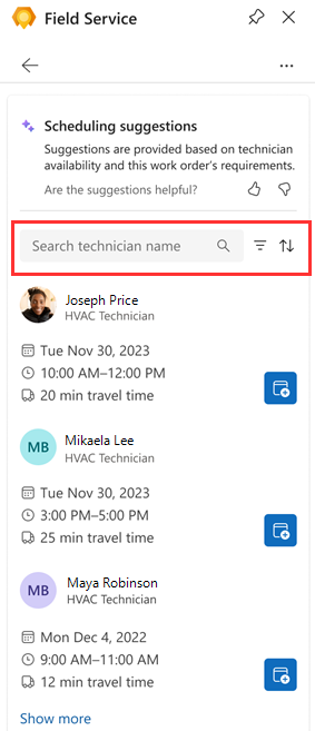 Captura de pantalla del panel Field Service en Outlook, Sugerencias de programación, con las opciones de búsqueda, filtrado y clasificación resaltadas.
