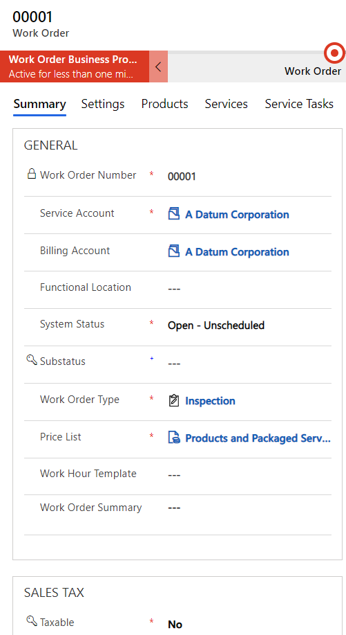 Captura de pantalla de una orden de trabajo en Field Service.