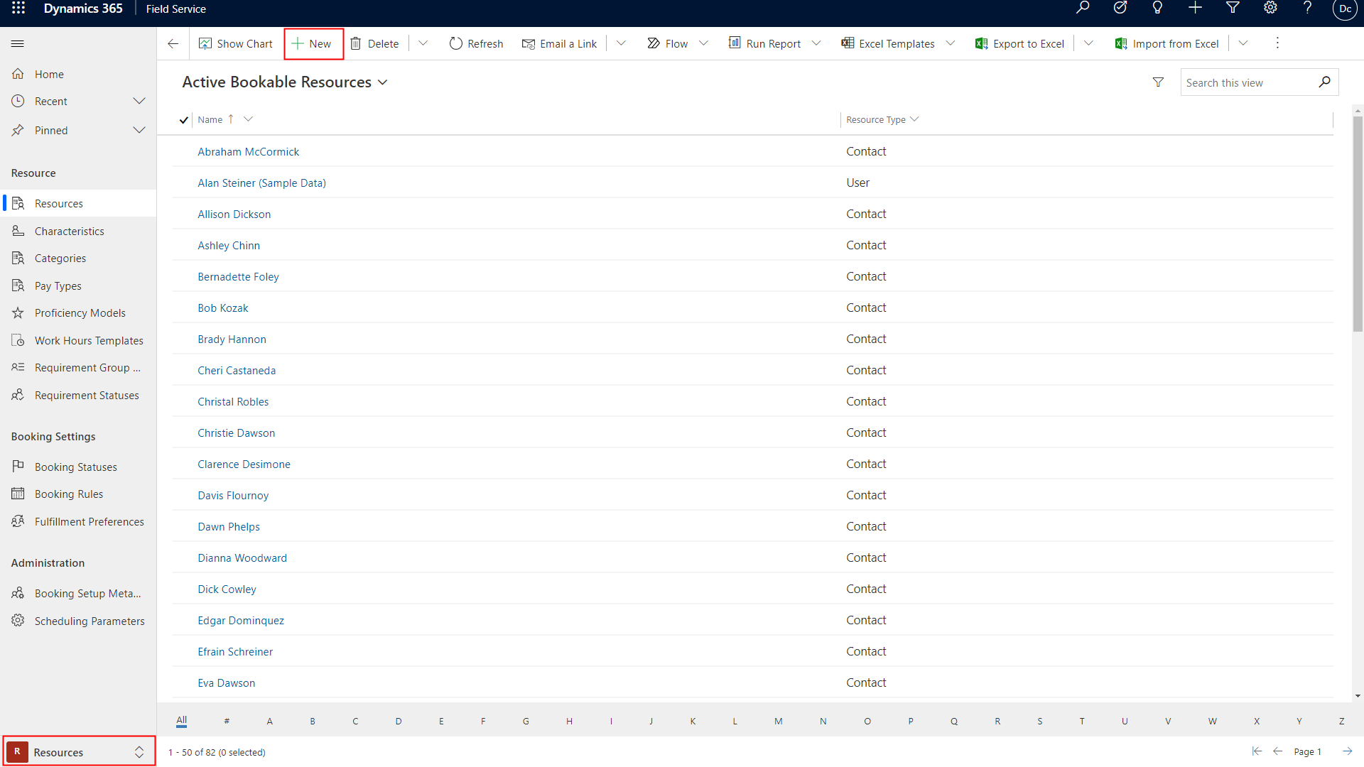 Captura de pantalla de recursos activos que se pueden reservar mostrando la opción +Nuevo.